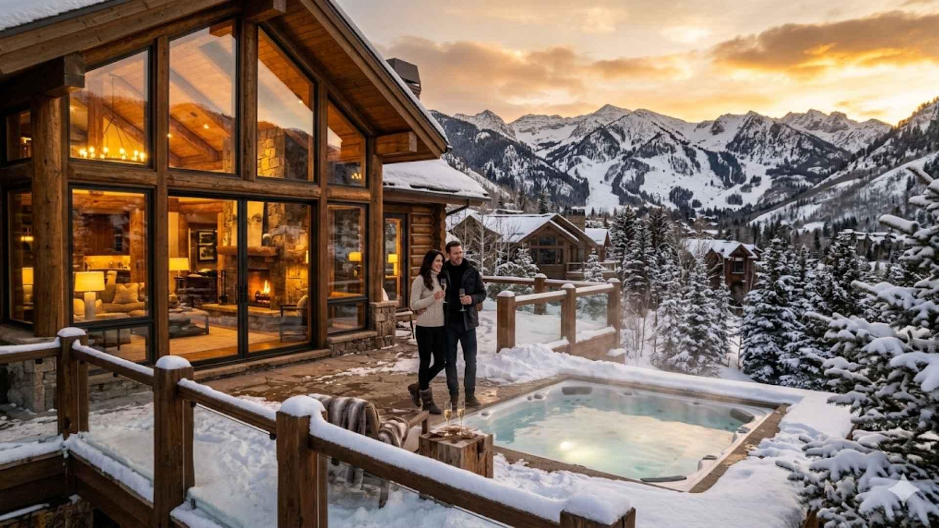Una terraza de montaña con vista al atardecer sobre el bosque nevado