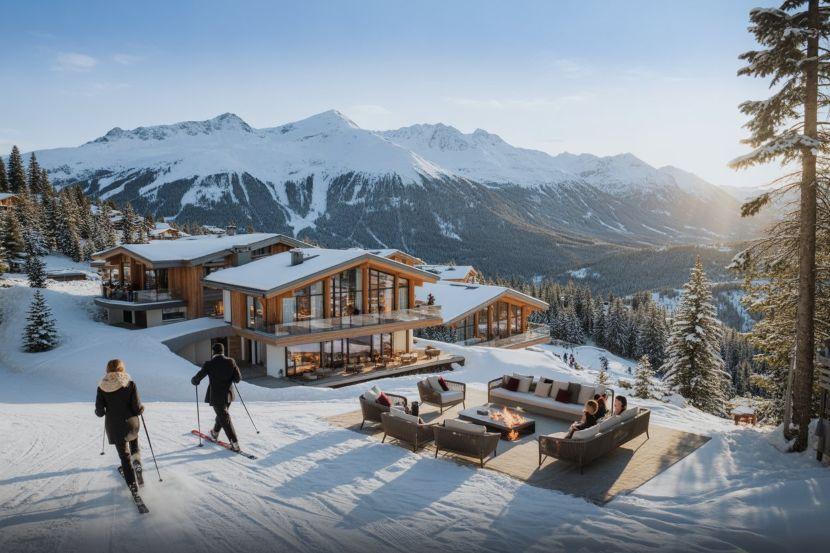 Esquiadores llegan a un chalet de montaña moderno con una terraza junto al fuego