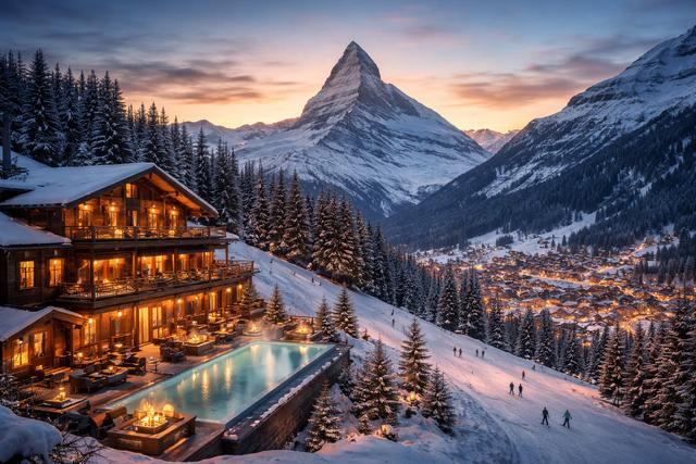 Un chalet de montaña con piscina infinita frente a una cumbre afilada al atardecer