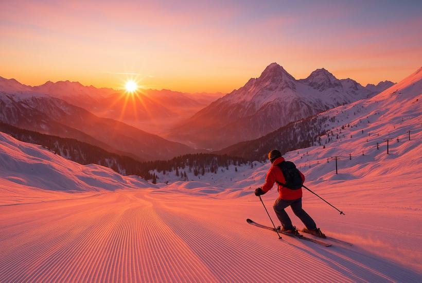 Una pista recién preparada baja hacia el sol del amanecer